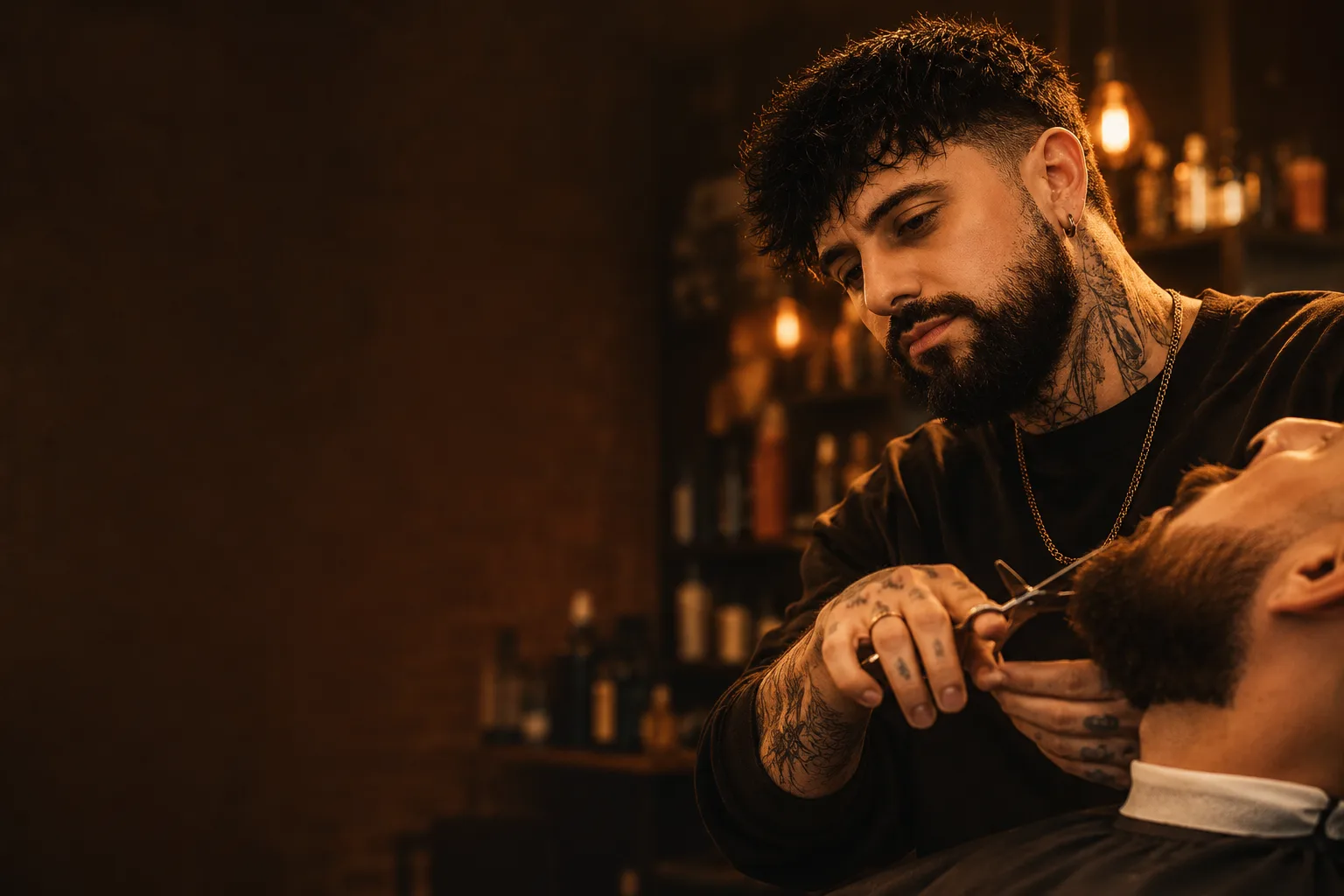 Dylan taille la barbe d'un client dans une ambiance barbershop chaleureuse