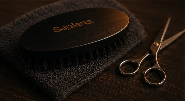 Brosse à barbe Sapiens posée sur une serviette, à côté de ciseaux de coiffeur