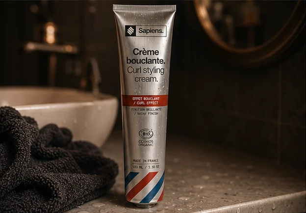 Tube de crème bouclante Sapiens posé au bord d'un lavabo