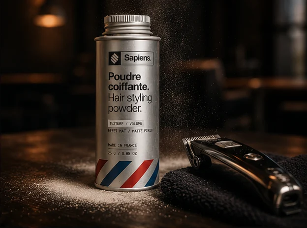 Flacon de poudre coiffante Sapiens devant une tondeuse de coiffeur